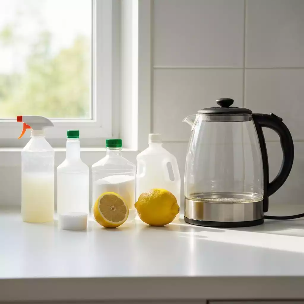Assortment of common limescale removal products like white vinegar, lemons, and baking soda arranged neatly on a kitchen counter next to a clean glass kettle. Bright, clean setting, no text, no words, no typography, no labels, clean image.