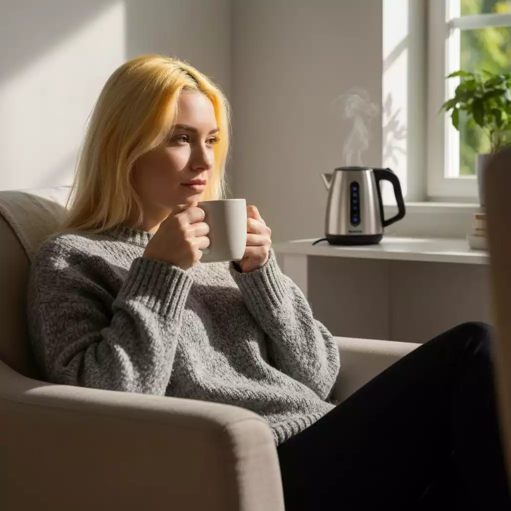 Person enjoying a perfectly brewed hot beverage using a smart kettle