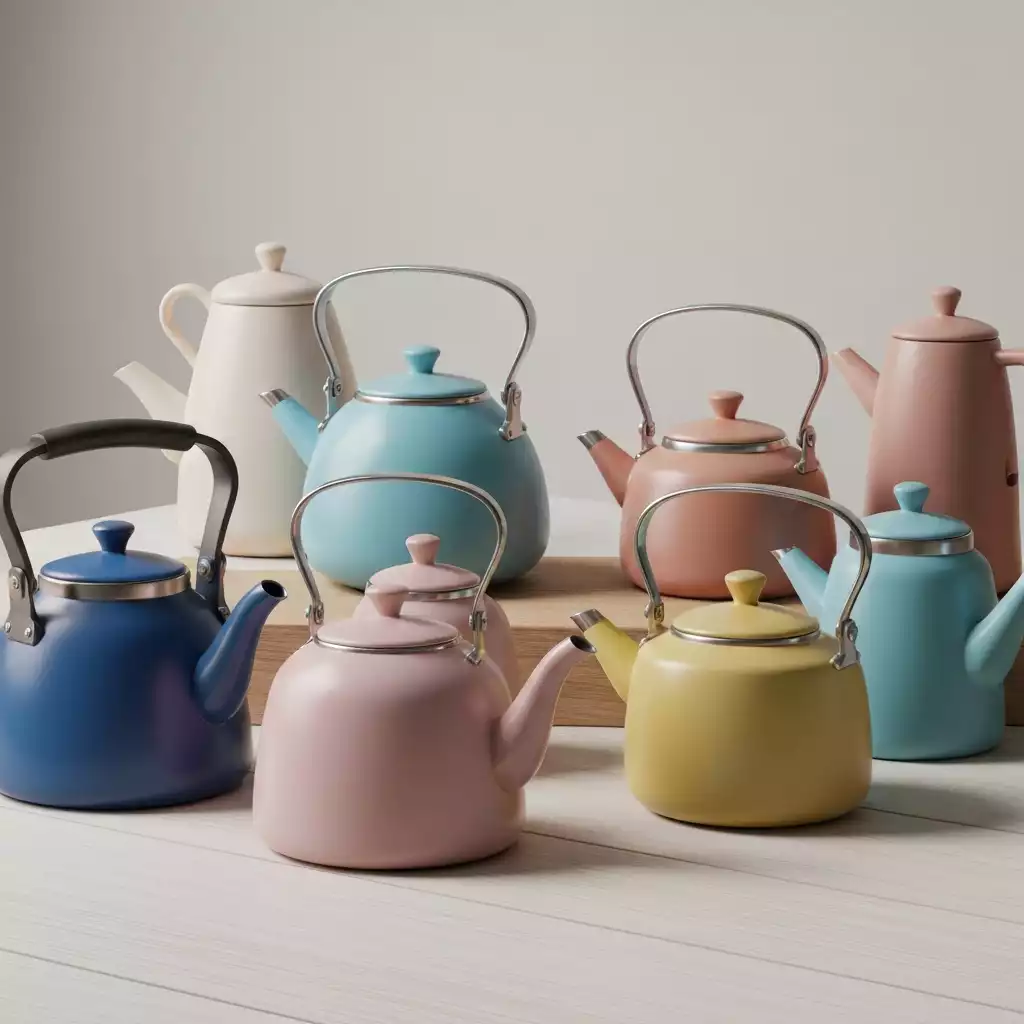 Various ceramic kettles in different colors
