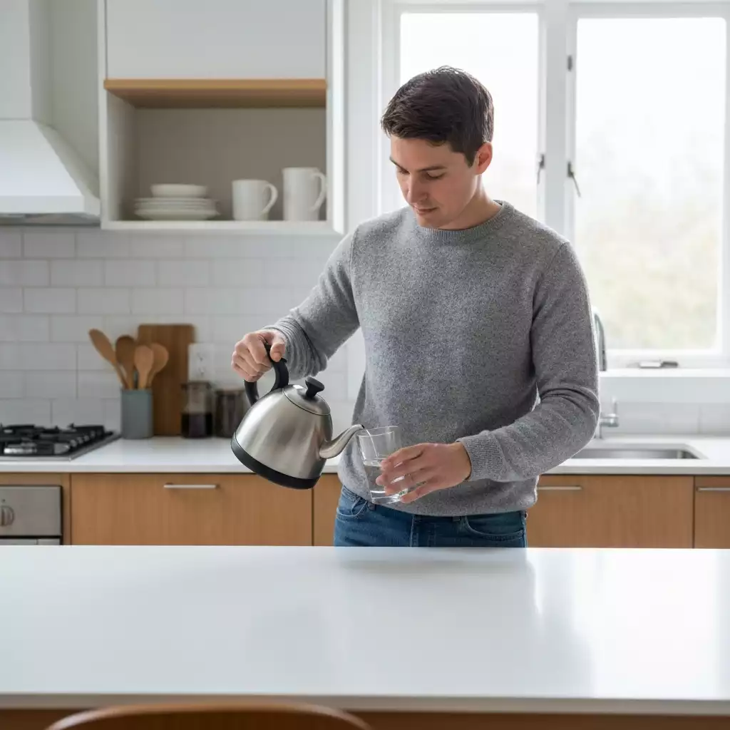 Person filling a glass with boiled water from a kettle