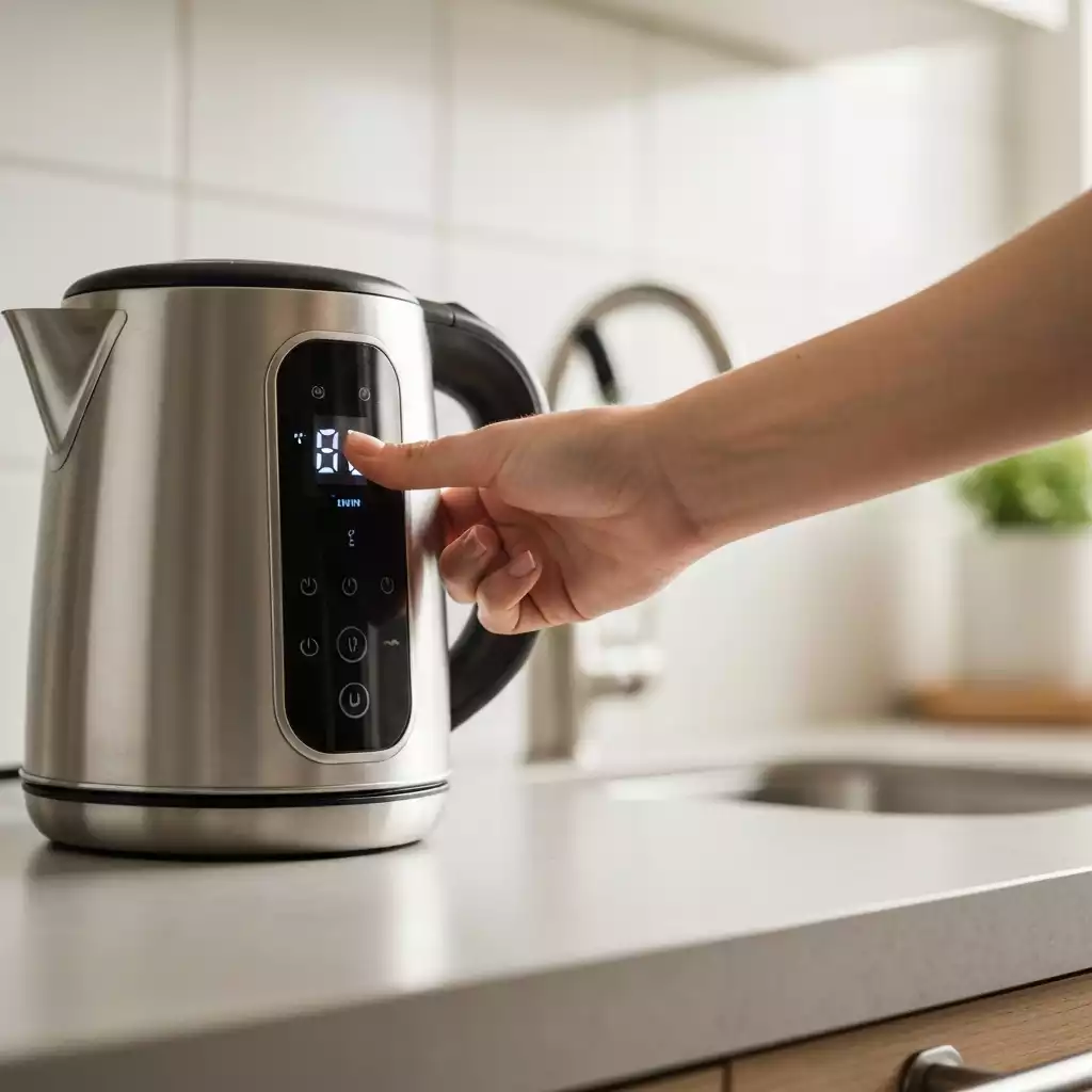 Close-up of a hand adjusting temperature settings on a modern electric kettle