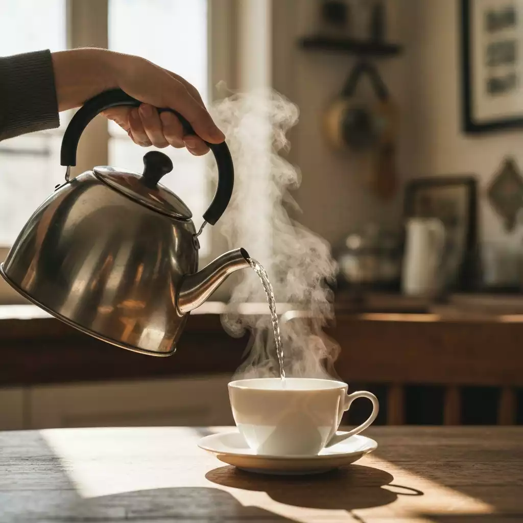 Close-up of a hand pouring hot water from a stainless steel kettle into a teacup