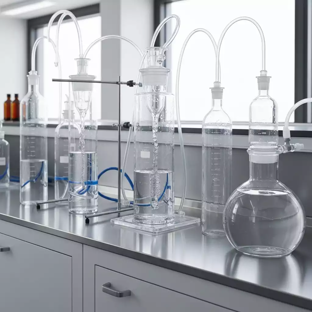 Scientific glassware showing water purification process