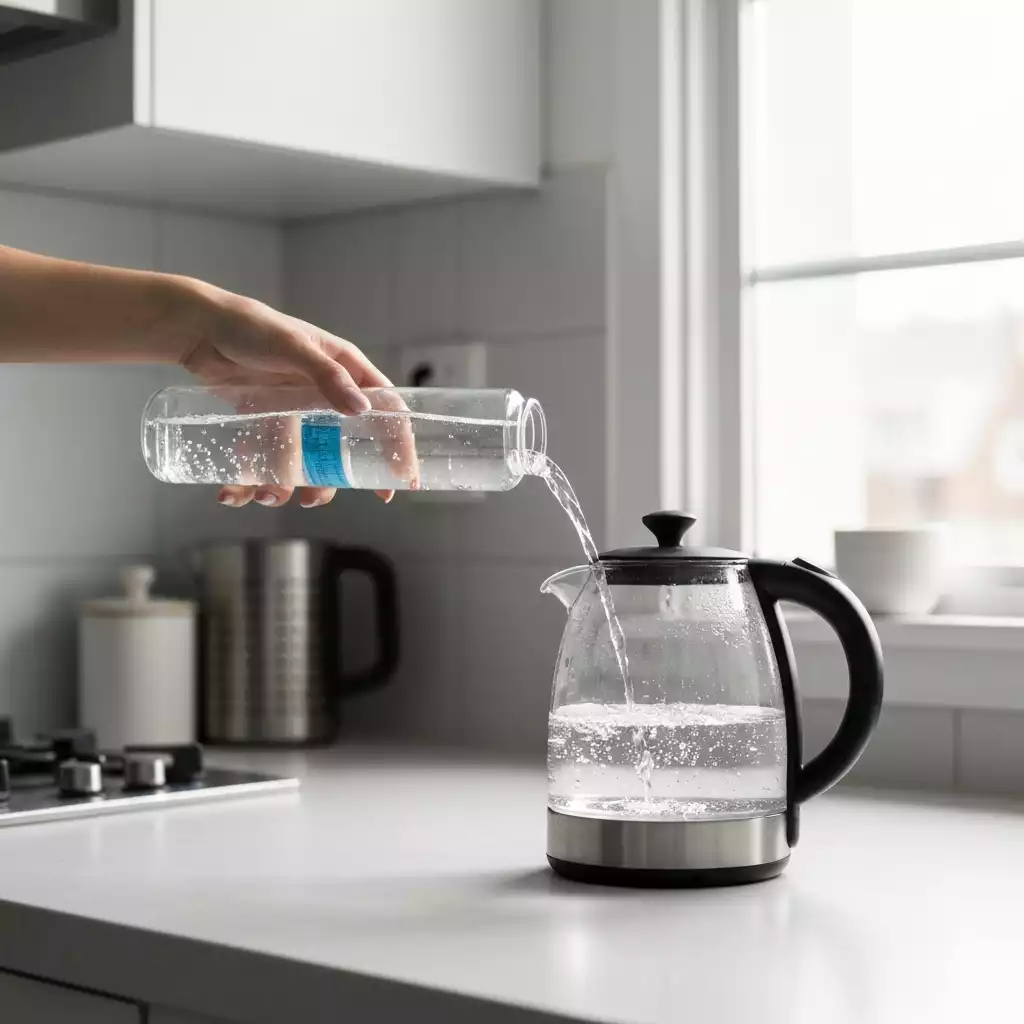 Lifestyle shot of a hand pouring filtered water into a clean, sparkling glass kettle on a modern kitchen counter, emphasizing cleanliness and good habits, no text, no words, no typography, no labels, clean image