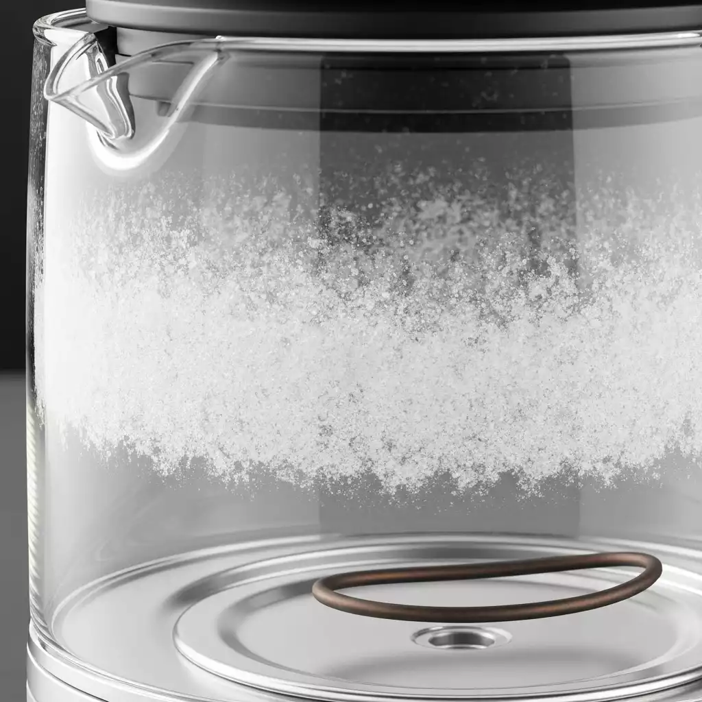 Close-up of a clear glass kettle with visible limescale buildup on the heating element and interior walls, indicating hard water deposits. The kettle is clean and modern, with good lighting, no text, no words, no typography, no labels, clean image.