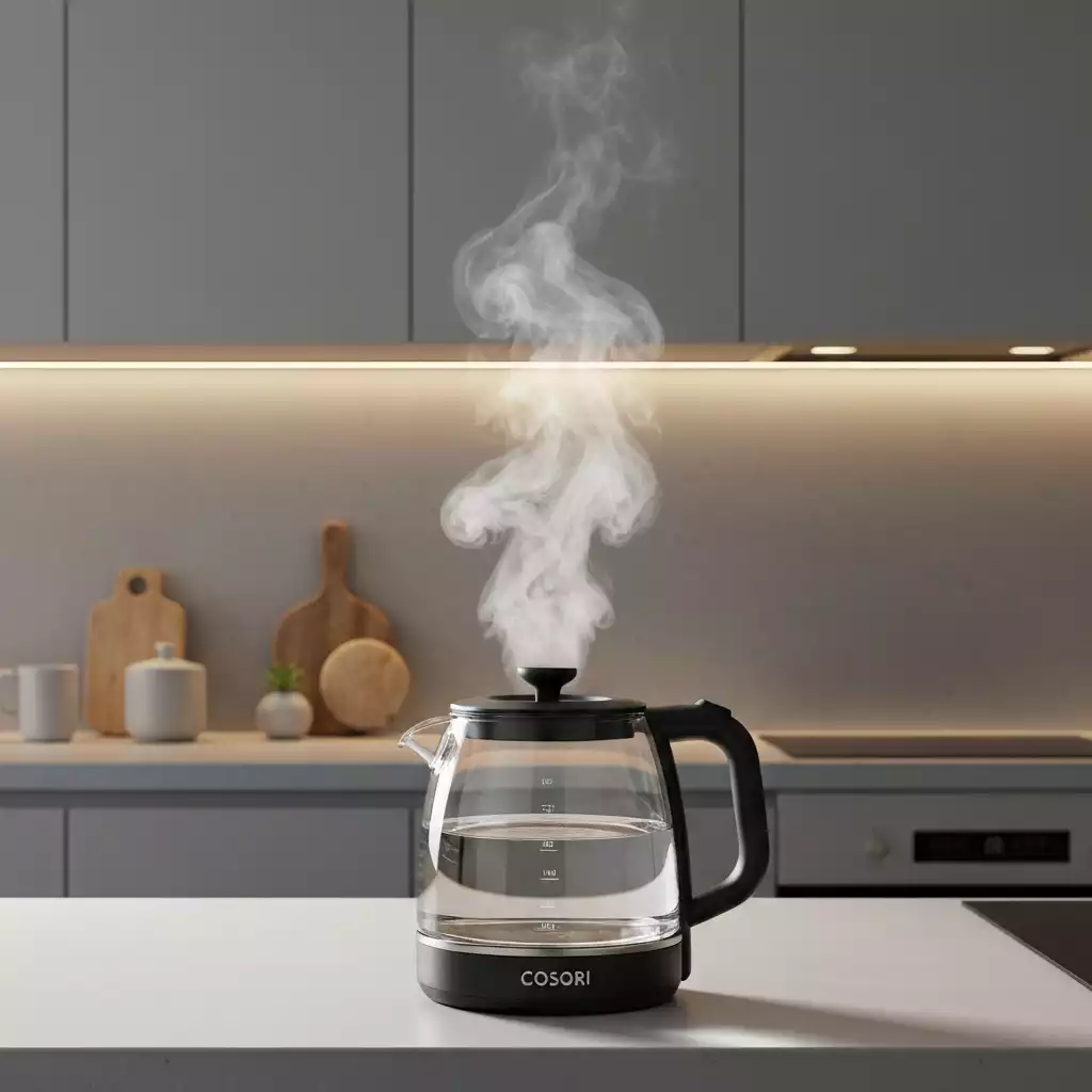Cosori glass kettle with steam gently rising, highlighting safety features, modern kitchen background, no text, no words, no typography, 8K