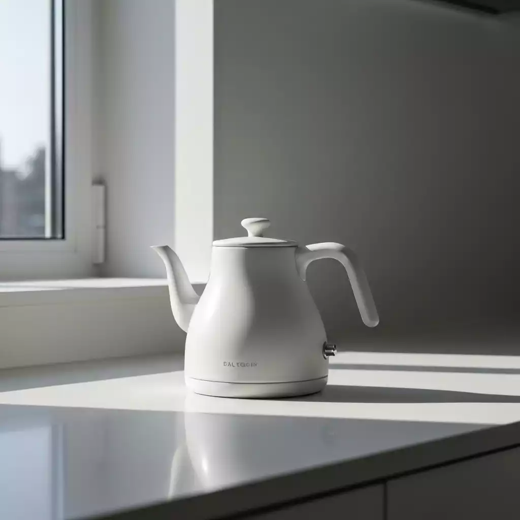 Modern white ceramic kettle on a kitchen counter
