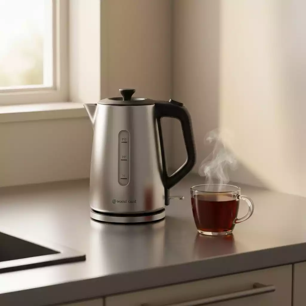 Modern electric kettle with temperature controls and a cup of tea