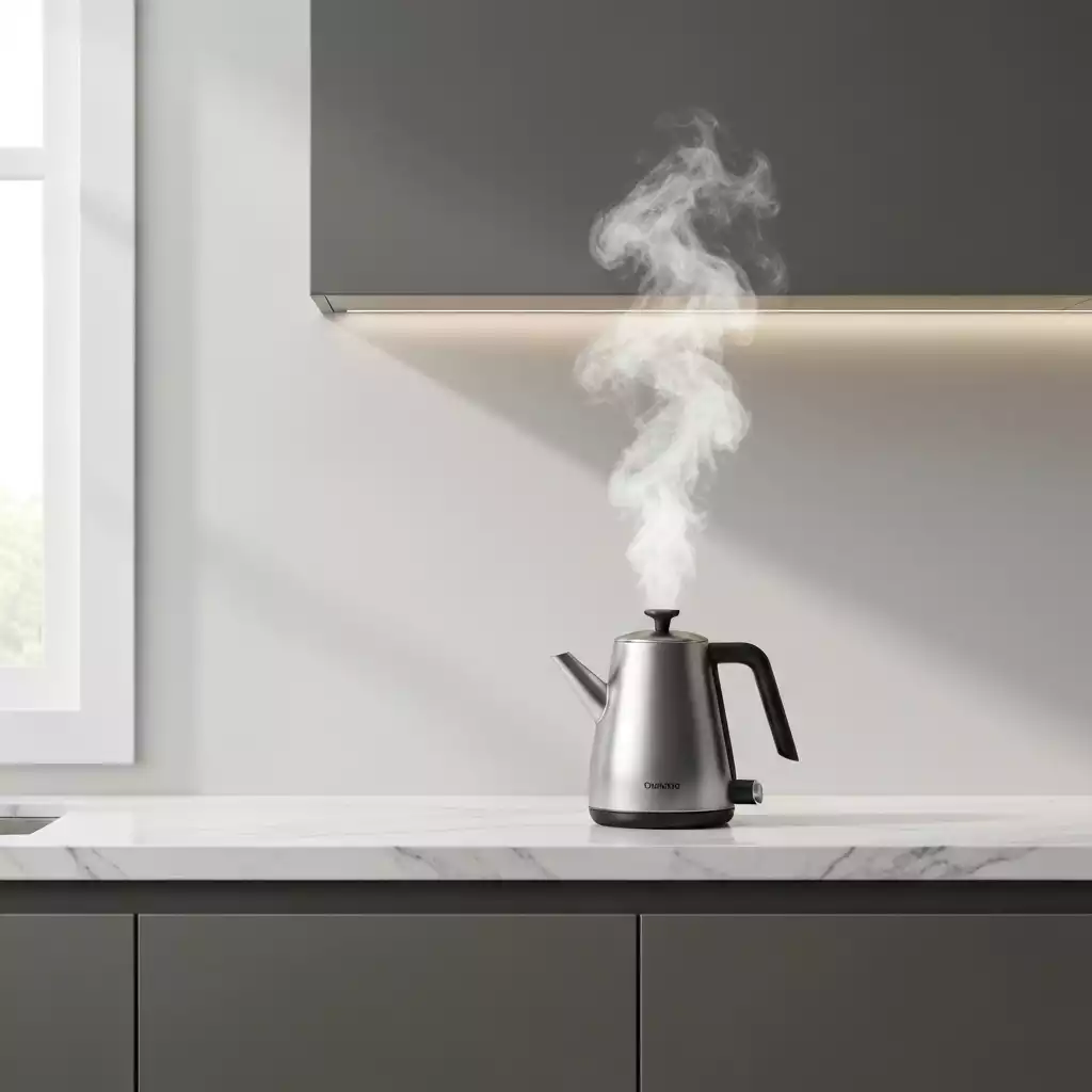 Sleek, modern stainless steel kettle boiling water on a kitchen counter
