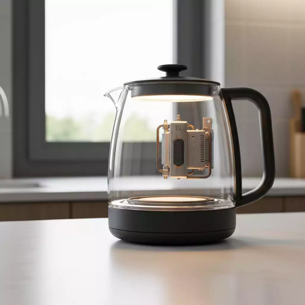 Glass kettle being cleaned with vinegar, showing dissolved limescale