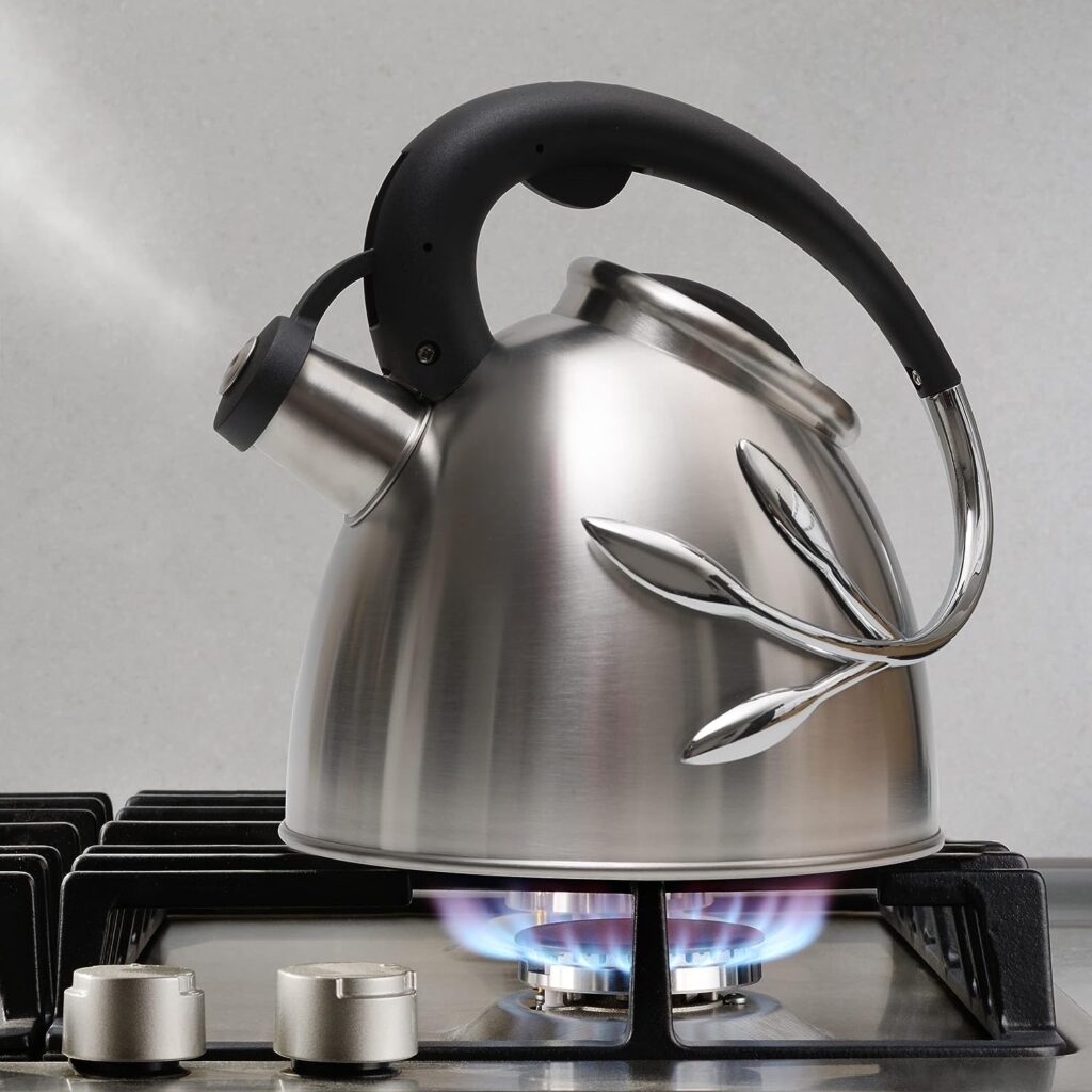 Everyday Solutions Whistling Tea Kettle; Vine Collection - Brushed Stainless Steel Kettle w/Ergonomic Heat Resistant Handle Leaf Design - for Gas, Electric, or Convection Cooktop - 2 Quart Capacity