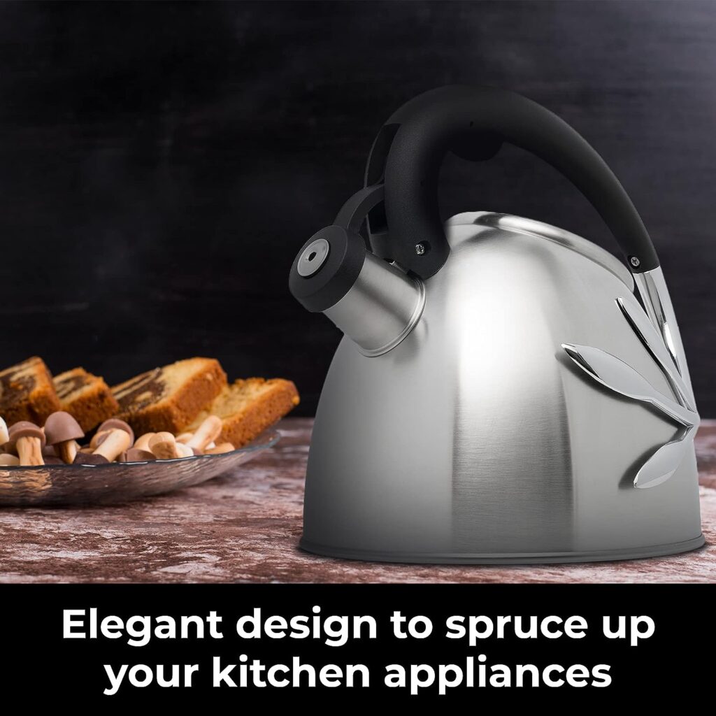 Everyday Solutions Whistling Tea Kettle; Vine Collection - Brushed Stainless Steel Kettle w/Ergonomic Heat Resistant Handle Leaf Design - for Gas, Electric, or Convection Cooktop - 2 Quart Capacity