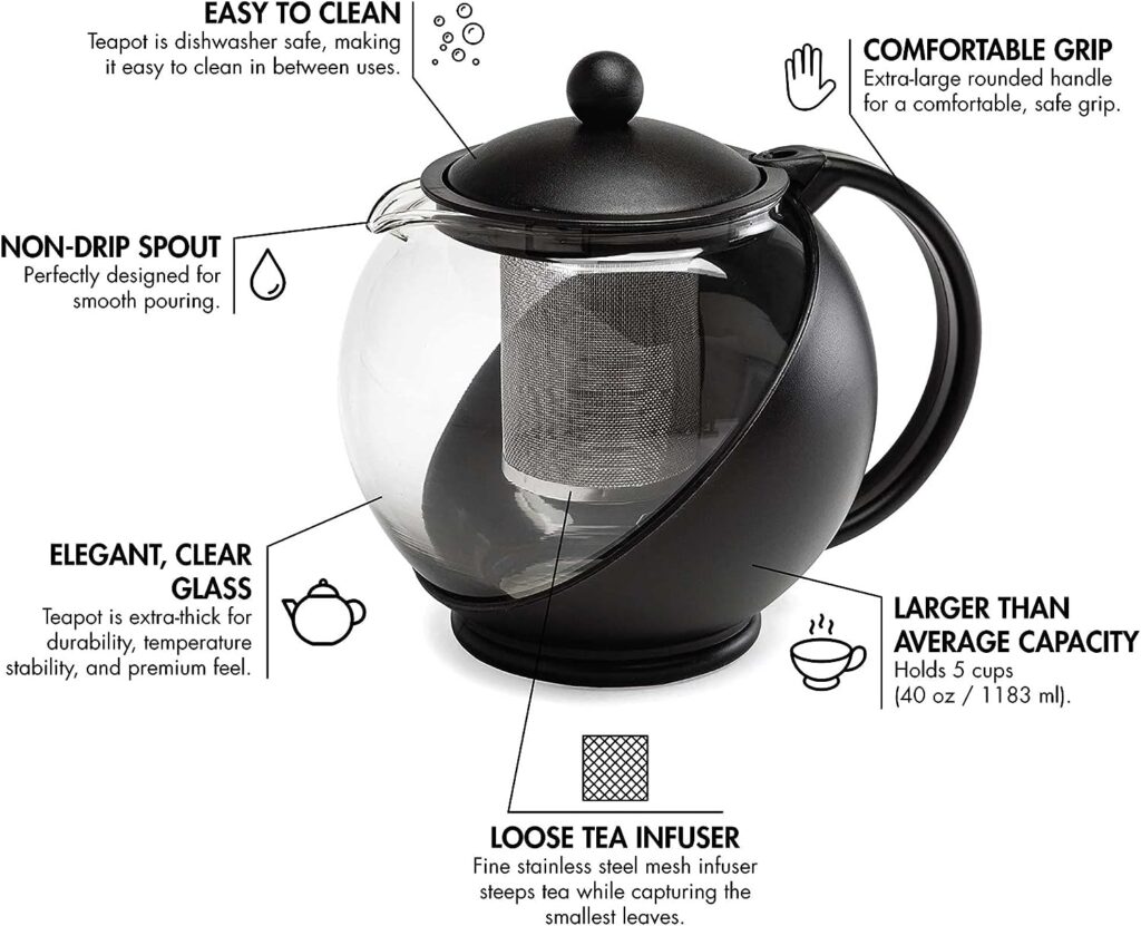 Primula Half Moon Teapot with Removable Infuser, Glass Tea Maker, Stainless Steel Filter, Dishwasher Safe, 40-Ounce, Black