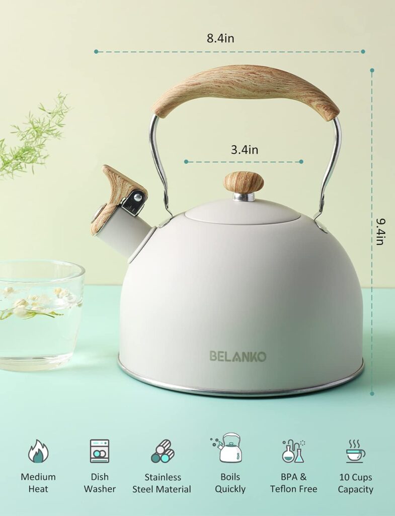 Tea Kettle, BELANKO 85 OZ / 2.5 Liter Whistling Tea Kettle, Tea Pots for Stove Top Food Grade Stainless Steel with Wood Pattern Folding Handle, Loud Whistle Kettle for Tea, Coffee, Milk - Milk White