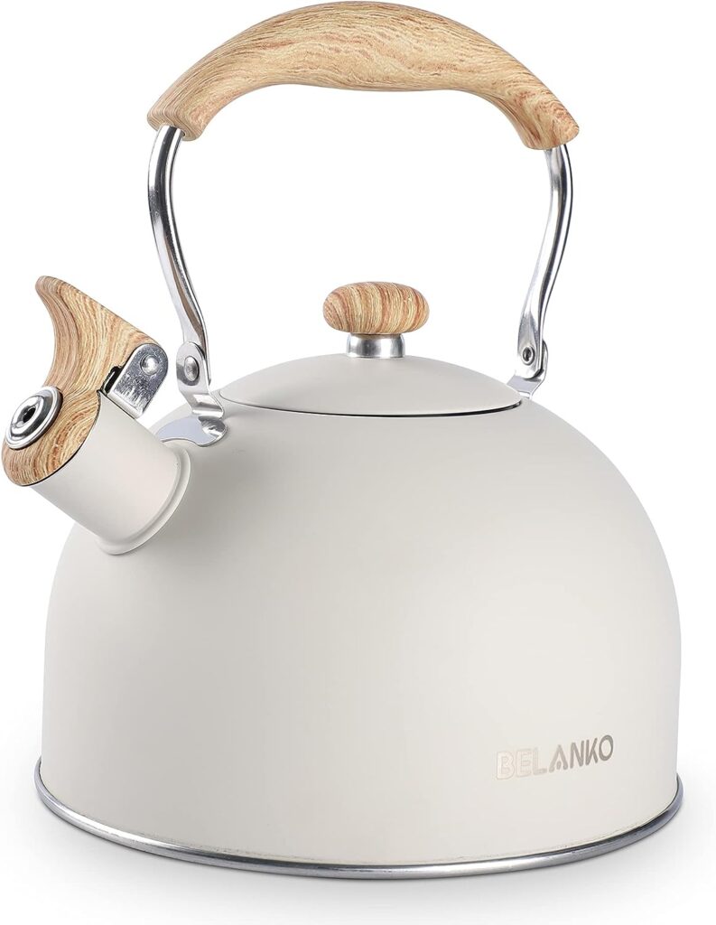 Tea Kettle, BELANKO 85 OZ / 2.5 Liter Whistling Tea Kettle, Tea Pots for Stove Top Food Grade Stainless Steel with Wood Pattern Folding Handle, Loud Whistle Kettle for Tea, Coffee, Milk - Milk White