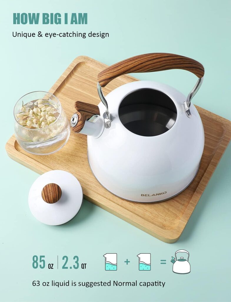 Tea Kettle, BELANKO 85 OZ / 2.5 Liter Whistling Tea Kettle, Tea Pots for Stove Top Food Grade Stainless Steel with Wood Pattern Folding Handle, Loud Whistle Kettle for Tea, Coffee, Milk - Gloss White