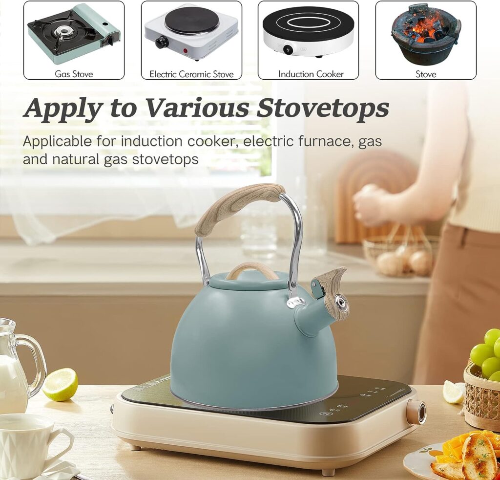 Whistling Stovetop Tea Kettle, 2.6 Quart/3.0 Liter Stainless Steel Tea Kettles, Food Grade Tea Pots for Stove Top, Tea Pot with Anti-Heat Handle, Anti-Rust, Suitable for All Heat Sources (Green)