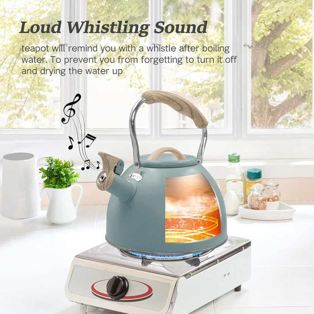 Whistling Stovetop Tea Kettle, 2.6 Quart/3.0 Liter Stainless Steel Tea Kettles, Food Grade Tea Pots for Stove Top, Tea Pot with Anti-Heat Handle, Anti-Rust, Suitable for All Heat Sources (Green)