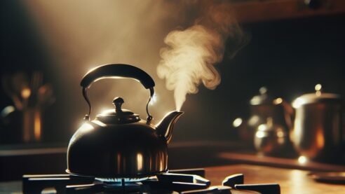 whistling tea kettle sits on a stovetop
