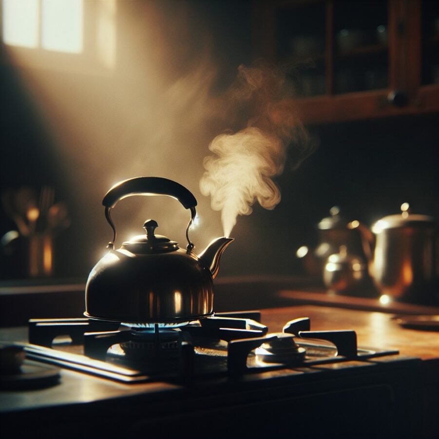 whistling tea kettle sits on a stovetop