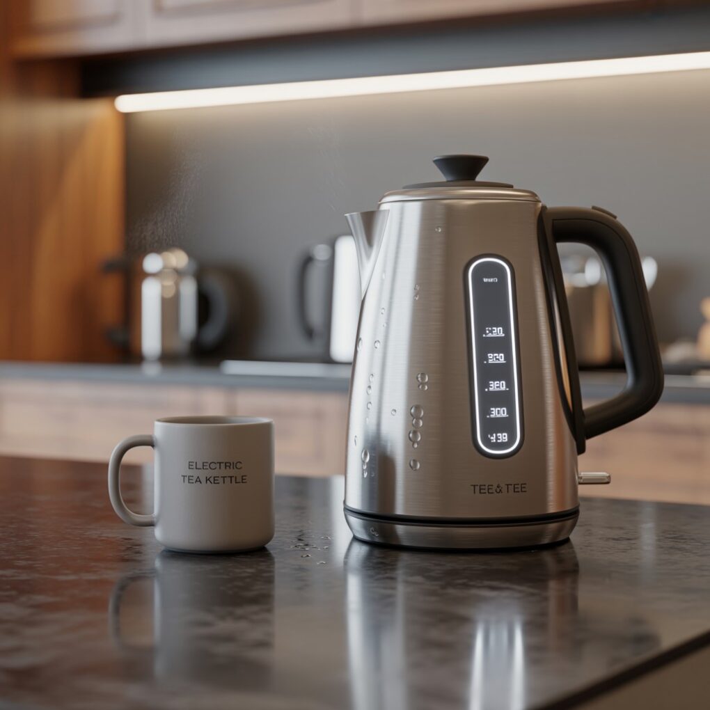 Modern stainless steel electric tea kettle with digital temperature control display showing preset temperatures, positioned on wooden kitchen counter next to white ceramic mug labeled 'ELECTRIC TEA KETTLE' in contemporary kitchen setting