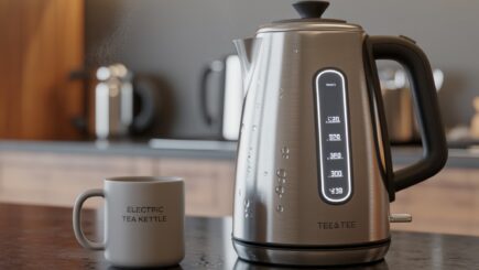 Modern stainless steel electric tea kettle with digital temperature control display showing preset temperatures, positioned on wooden kitchen counter next to white ceramic mug labeled 'ELECTRIC TEA KETTLE' in contemporary kitchen setting