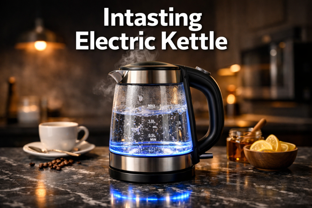 Professional hero image for 'Intasting Electric Kettle' with bold text overlay 'Intasting Electric Kettle' in extra large 70pt white sans-serif font with dark shadow, centered in upper third. Background shows a sleek borosilicate glass electric kettle with glowing blue LED base on a dark gray marble countertop, steam rising gently, warm ambient kitchen lighting. Magazine cover quality, editorial style, high contrast. Intasting Electric Kettle