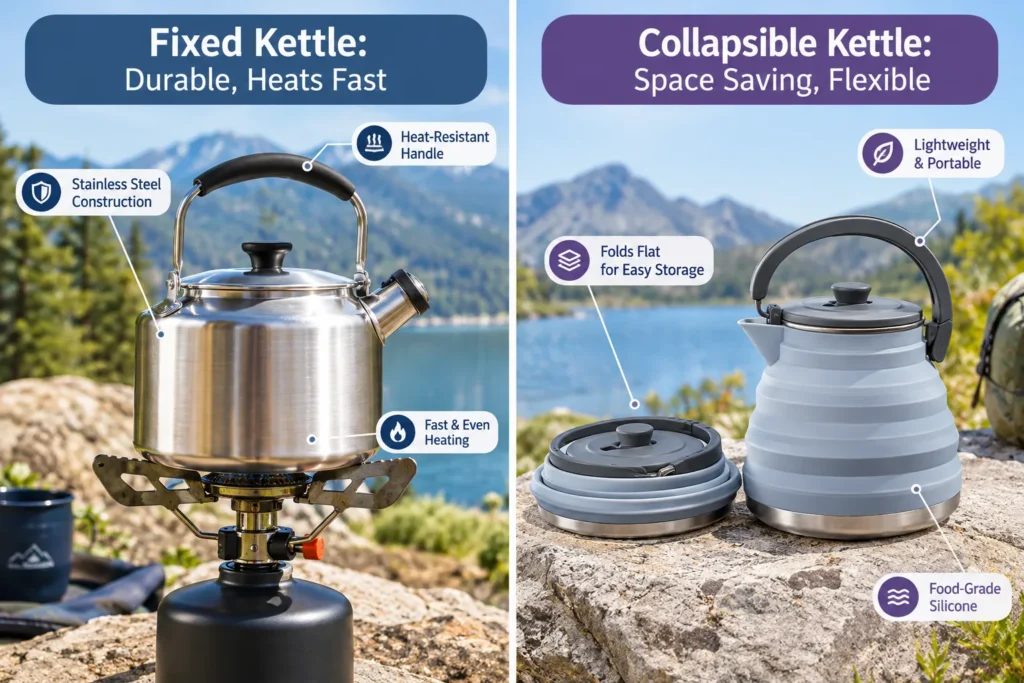 Travel Kettles Fixed or Collapsible For Camping Labelled two-panel comparison photo for fixed versus collapsible travel kettles: left panel shows a rigid stainless steel fixed kettle on a camp stove labeled 'Fixed Kettle: Durable, Heats Fast', right panel shows a silicone collapsible kettle folded flat next to its expanded form labeled 'Collapsible Kettle: Space Saving, Flexible', clean outdoor backdrop, bright daylight, editorial product photography with thin callout lines to key features. How Fast Do Travel Kettles Boil Water While Camping